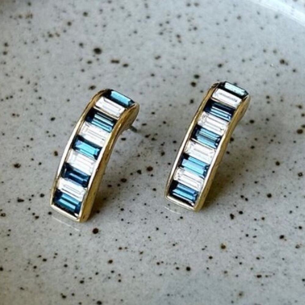 Swarovski America Ltd. Vintage Gold Toned Blue Crystal Curved Baguette Earrings